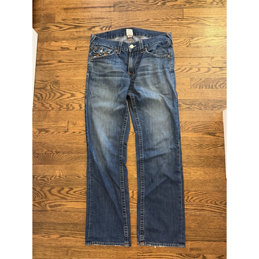 True Religion Jeans Mens Blue Dark Wash Rainbow Billy Straight Whisker Size 34